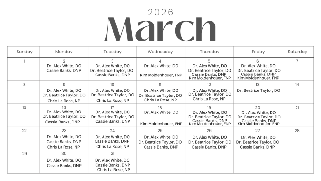 photo of the schedule for the Gordon Clinic in March