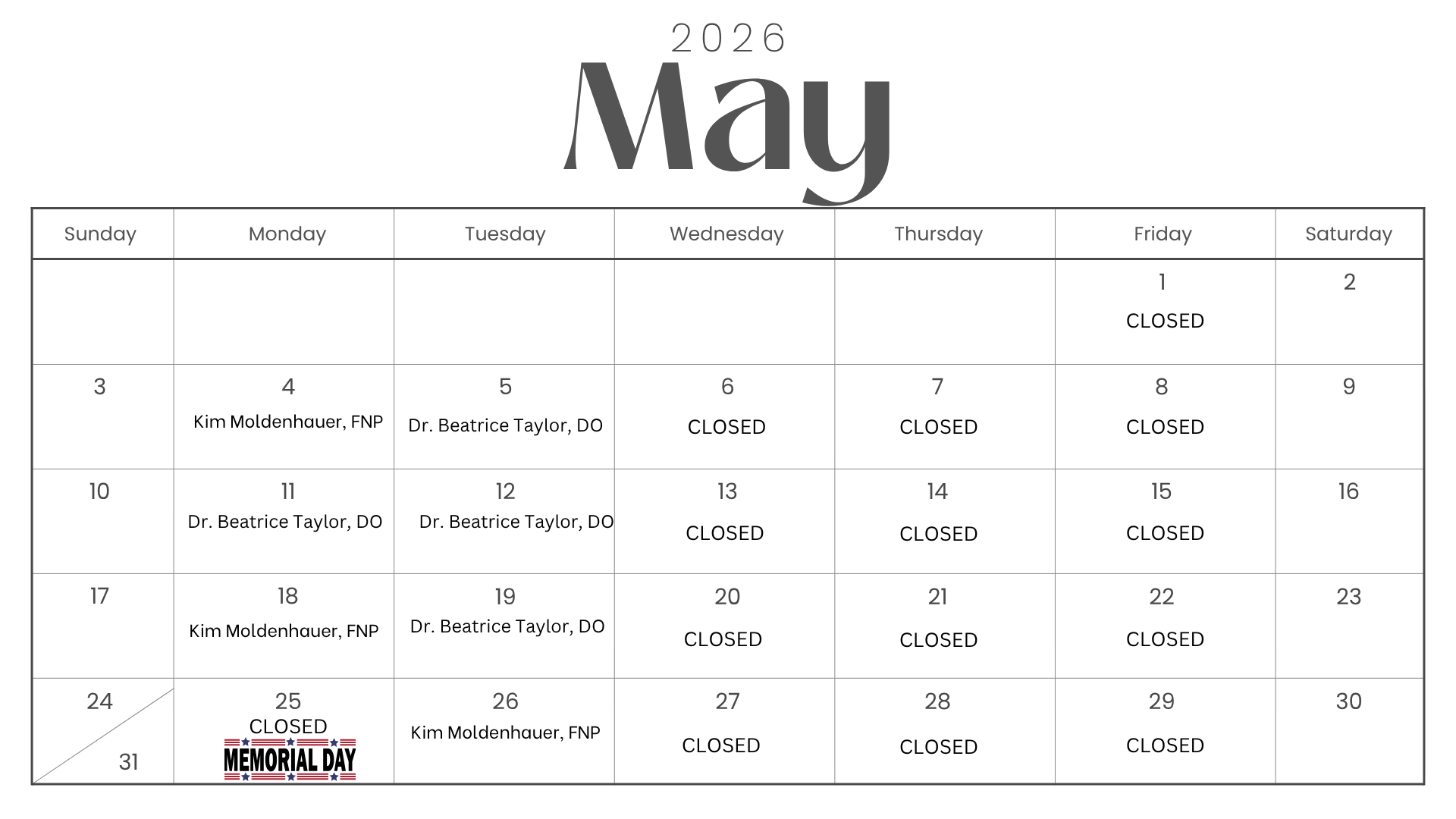 photo of Rushville Clinic Schedule for May