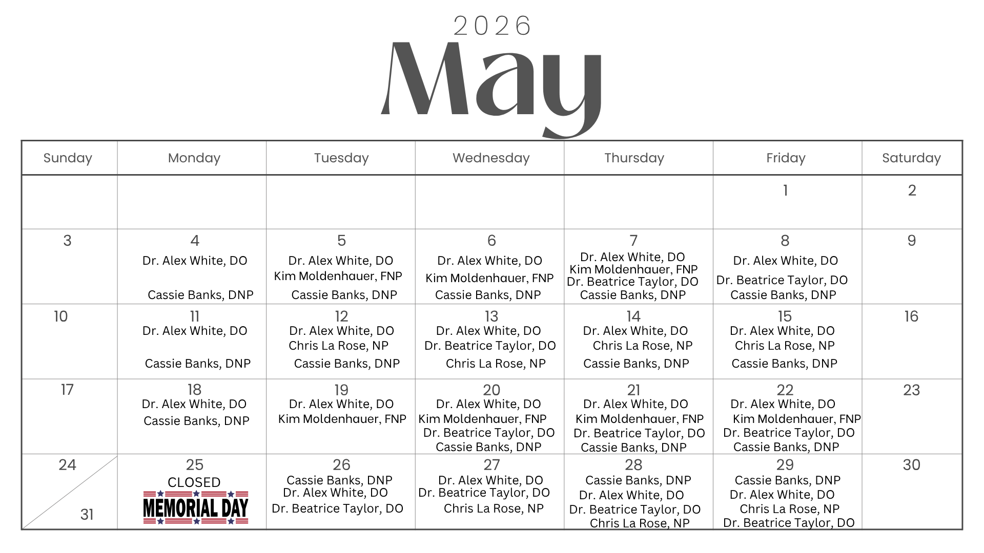 picture of May schedule for Gordon clinic