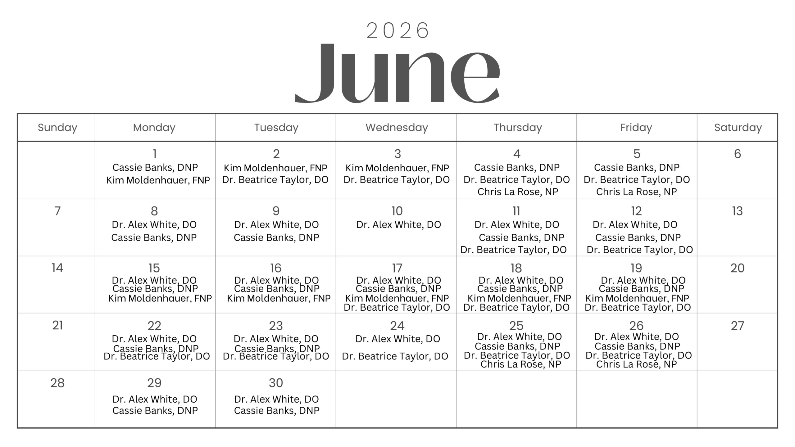 photo of Gordon Clinic Schedule for June