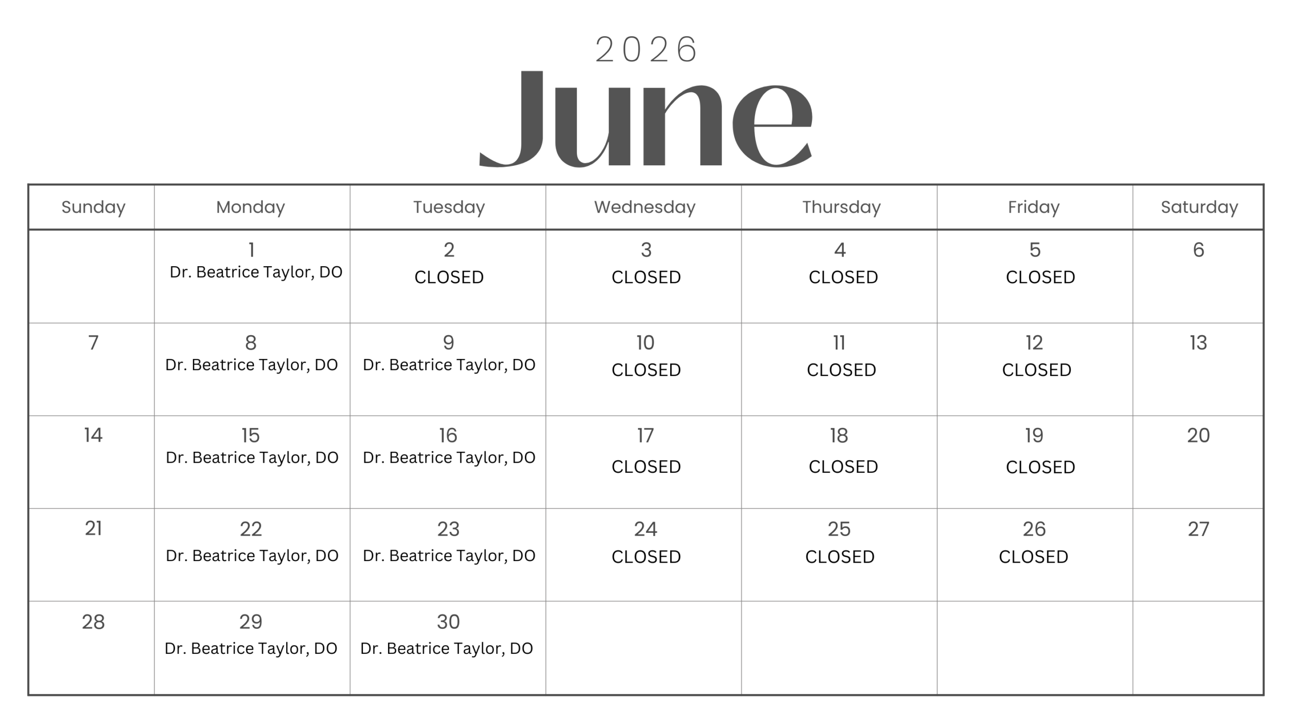 photo of Rushville Clinic Schedule for June