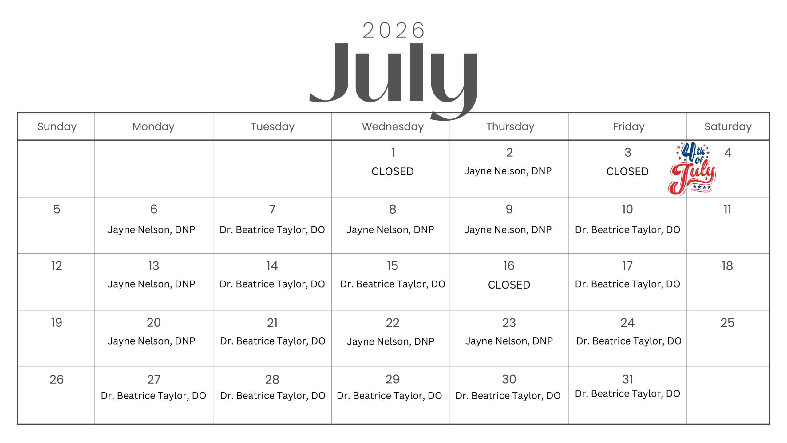 photo of July Rushville Clinic Schedule