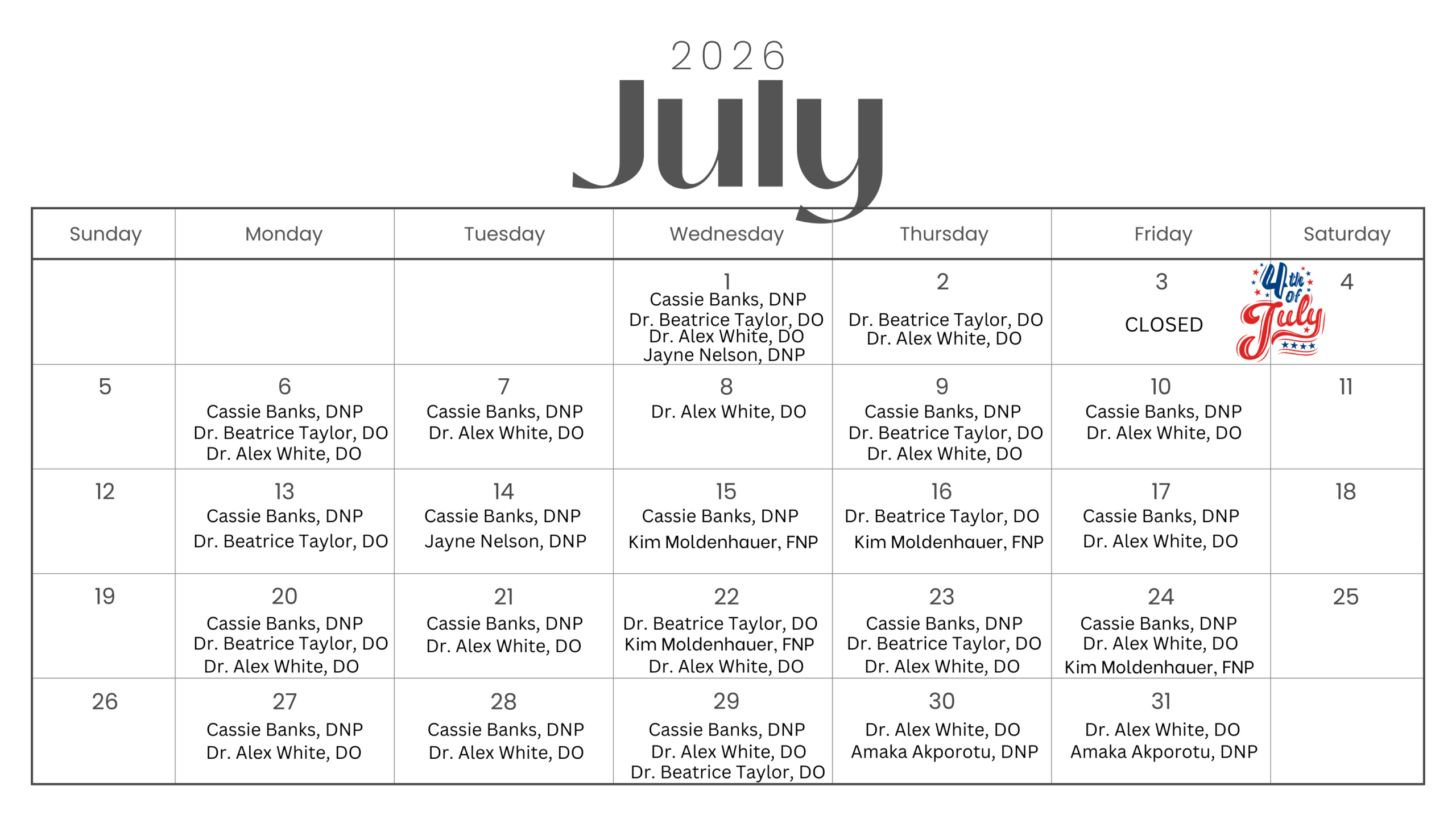 photo of July Gordon Clinic Schedule