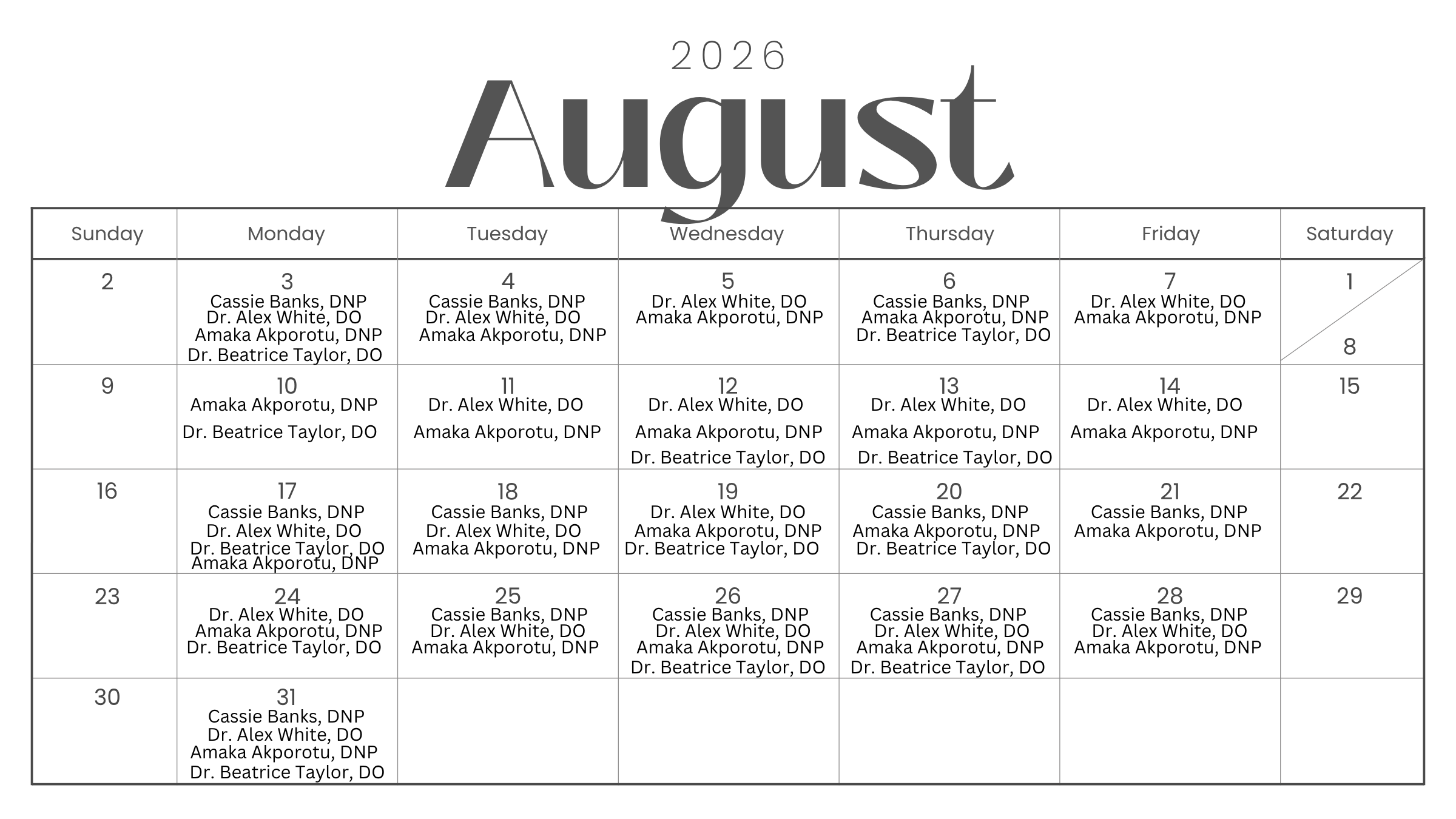 Gordon Clinic Schedule