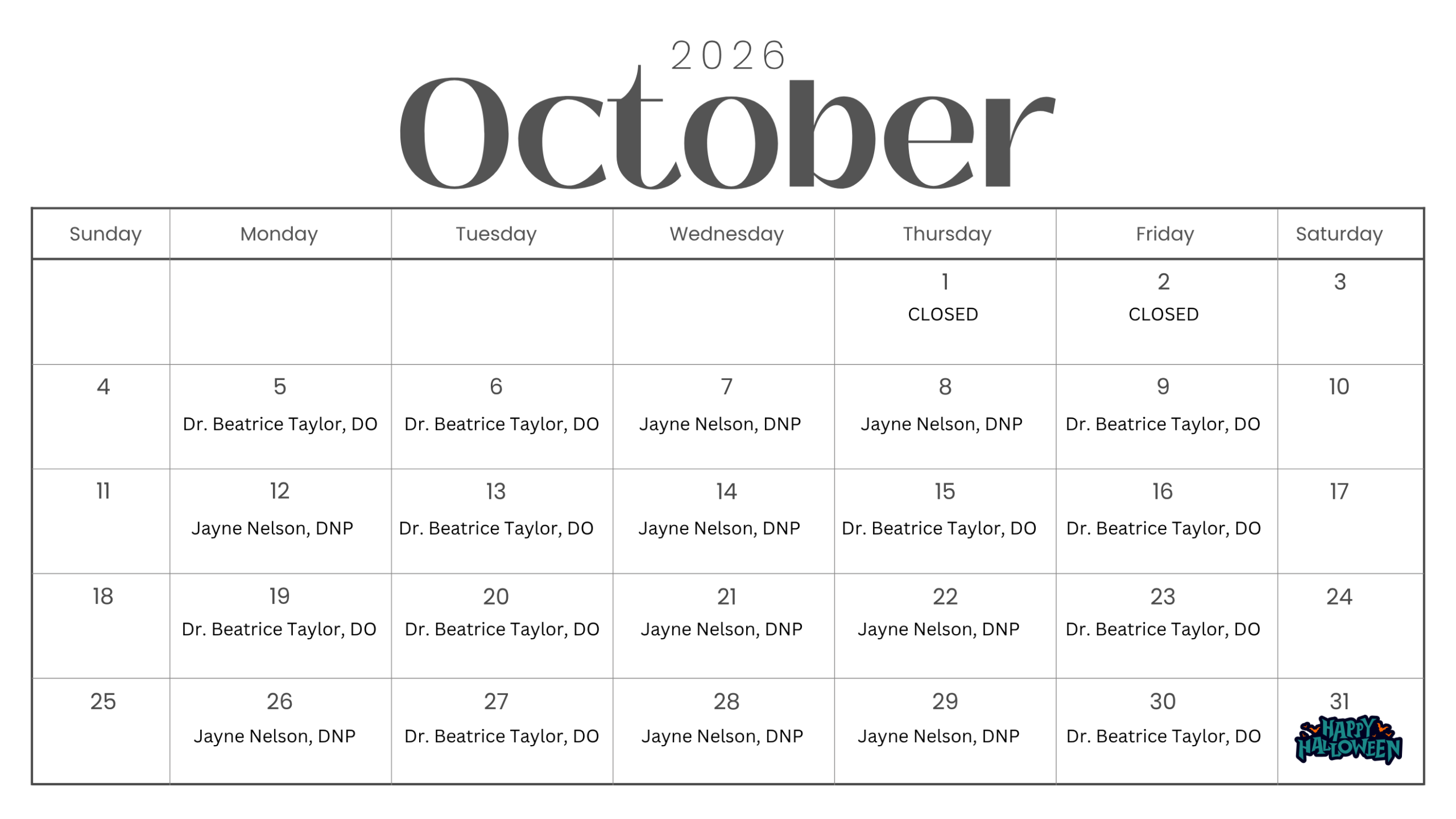 photo of Rushville Clinic October Schedule